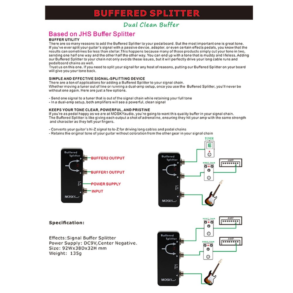BUFFERED SPLITTER Guitar Effect Pedal Signal Buffer Splitter Dual Clean Buffe...