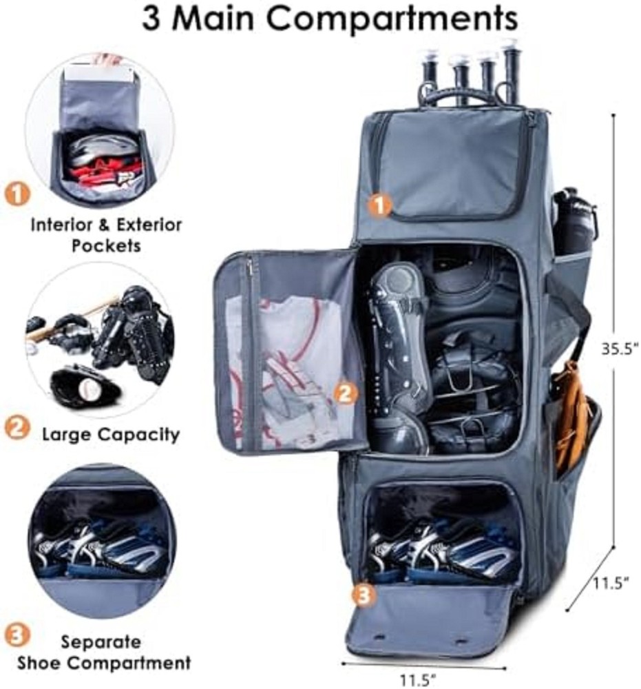 Upgraded Rolling Baseball Bag with Sturdy Hard Backing - Large Softball Bag with