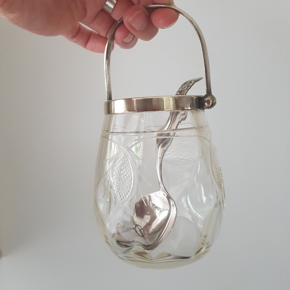 Small jam jar with silver plate hinged handle Community marked Spoon 9.5cm