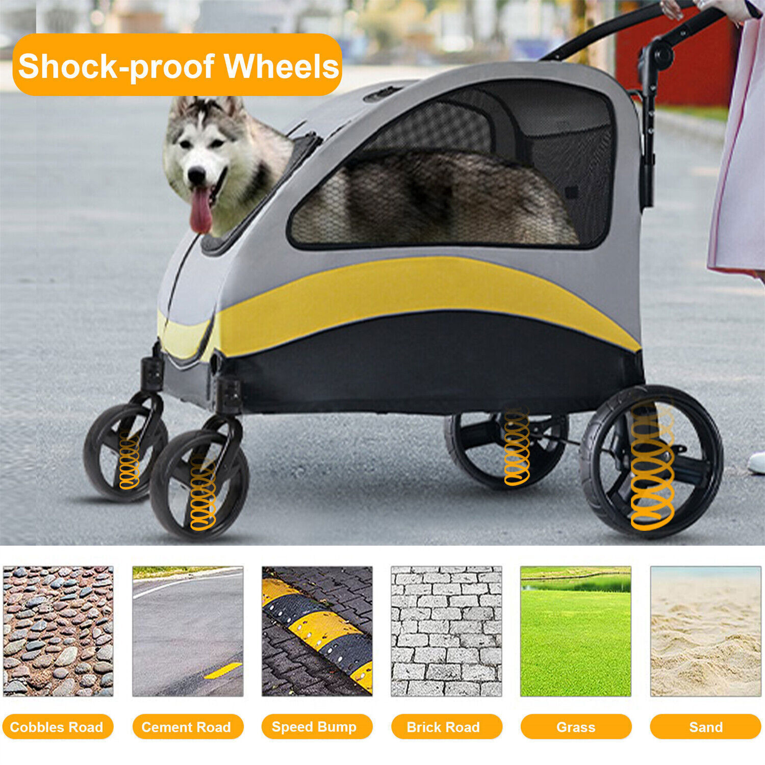 4-Size Foldable Dog Stroller Pet Jogger Wagon Cart w/Shock Absorber&Safety Leash