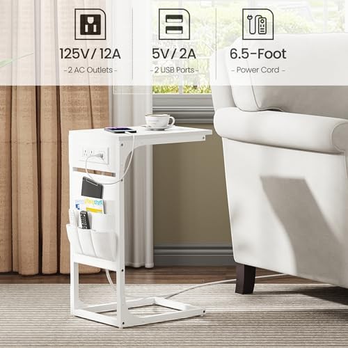 C Shaped End Table with Charging Station, Side Table for Sofa, Couch Table