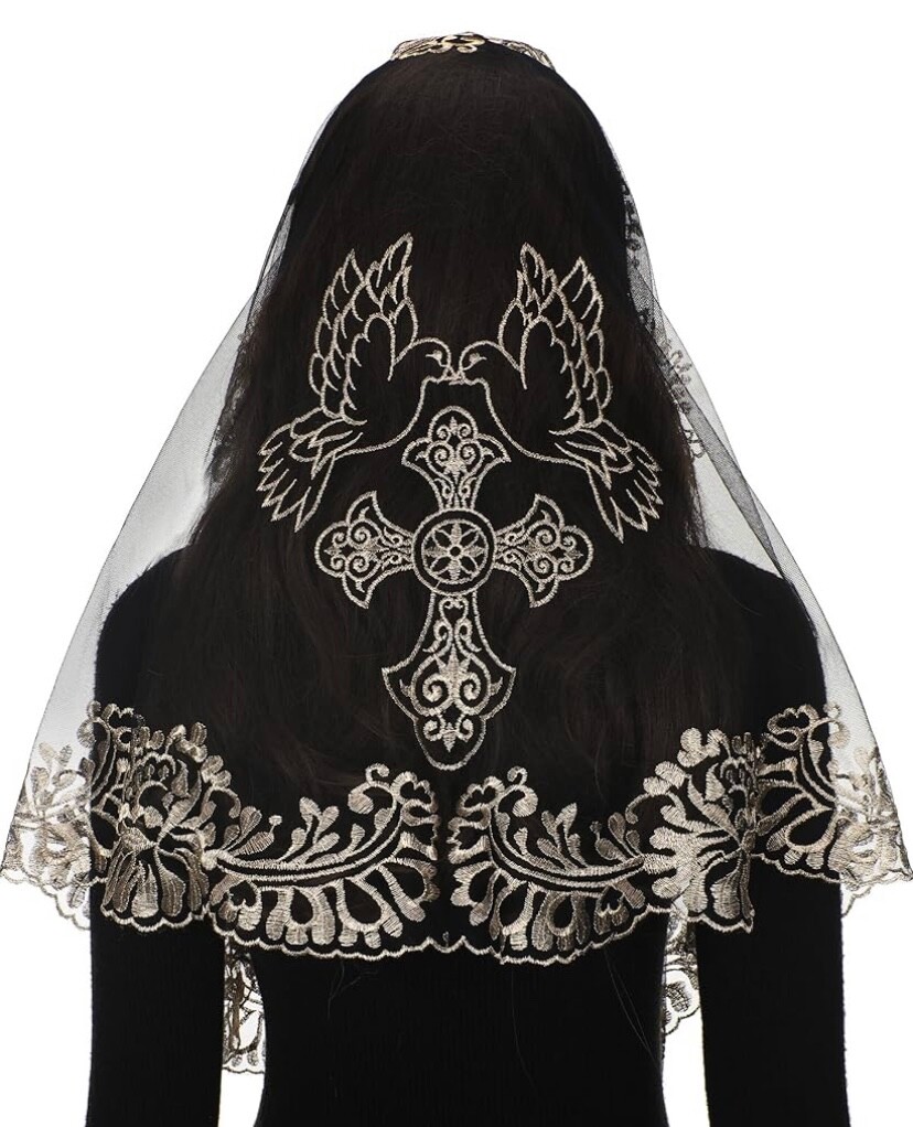Head Veil Mantilla Catholic Church Veil Head Cover Black Gold Embroidered Black