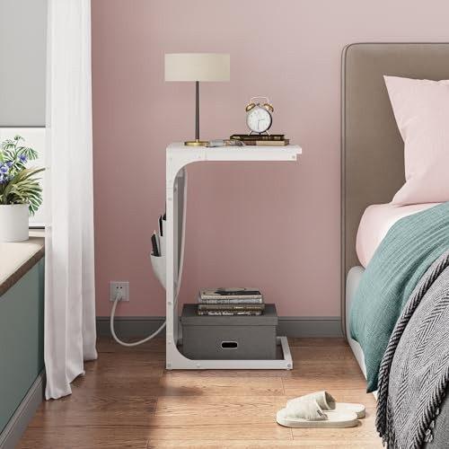 C Shaped End Table with Charging Station, Side Table for Sofa, Couch Table