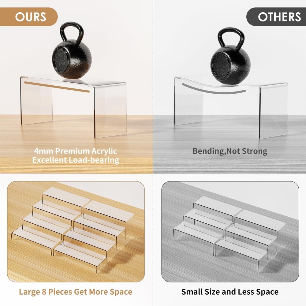 8 Pieces Large Display Risers, 4" Wide Clear Rectangular Tabletop Shelf for S...