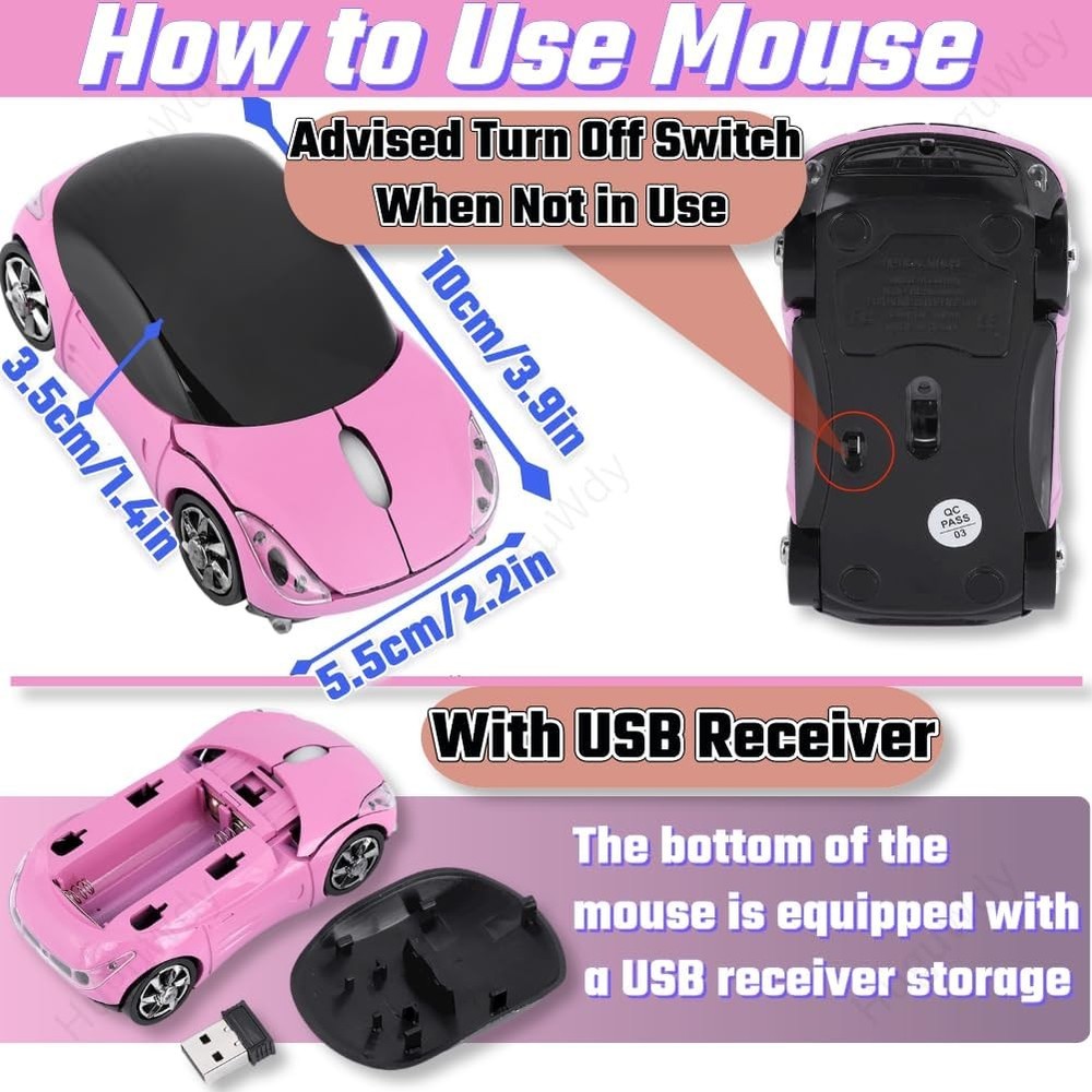 Pink Wireless Car Mouse 2.4G Wireless with USB Receiver Optical Mouse Fun