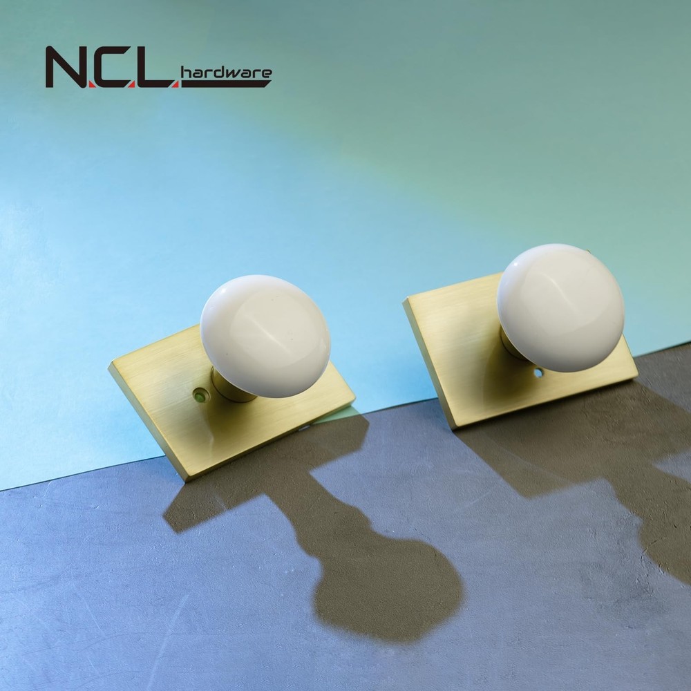 NCL White Door Knob, Satin Brass Porcelain Door Knobs Interior, Rectangle Doo...