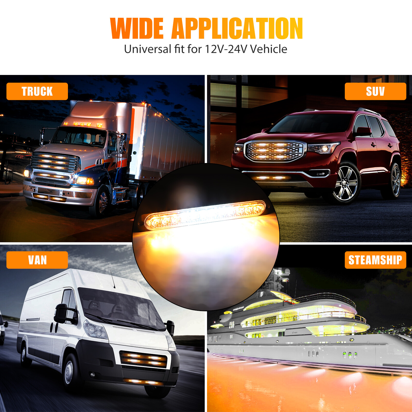 4PCS Amber/White 12 LED Car Truck Strobe Light Bar Flashing Warning Hazard Lamps