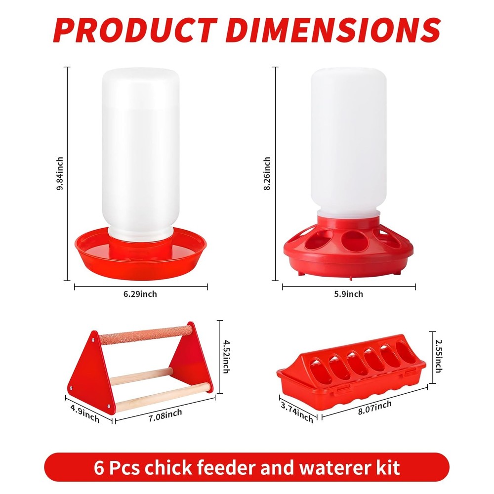 6 Pack Chick Feeder and Waterer Set - Chick Starter Kit with Mini Perch, Auto...