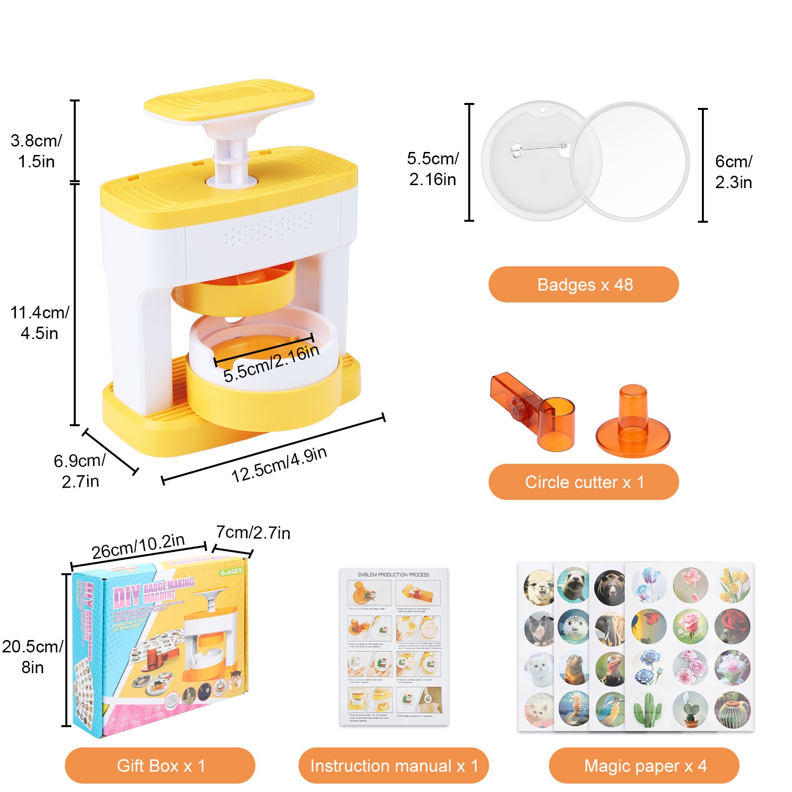 2.16" DIY Button Pin Badge Maker Kit 48 Sets Kids Craft Supplies w/ Safe Cutter