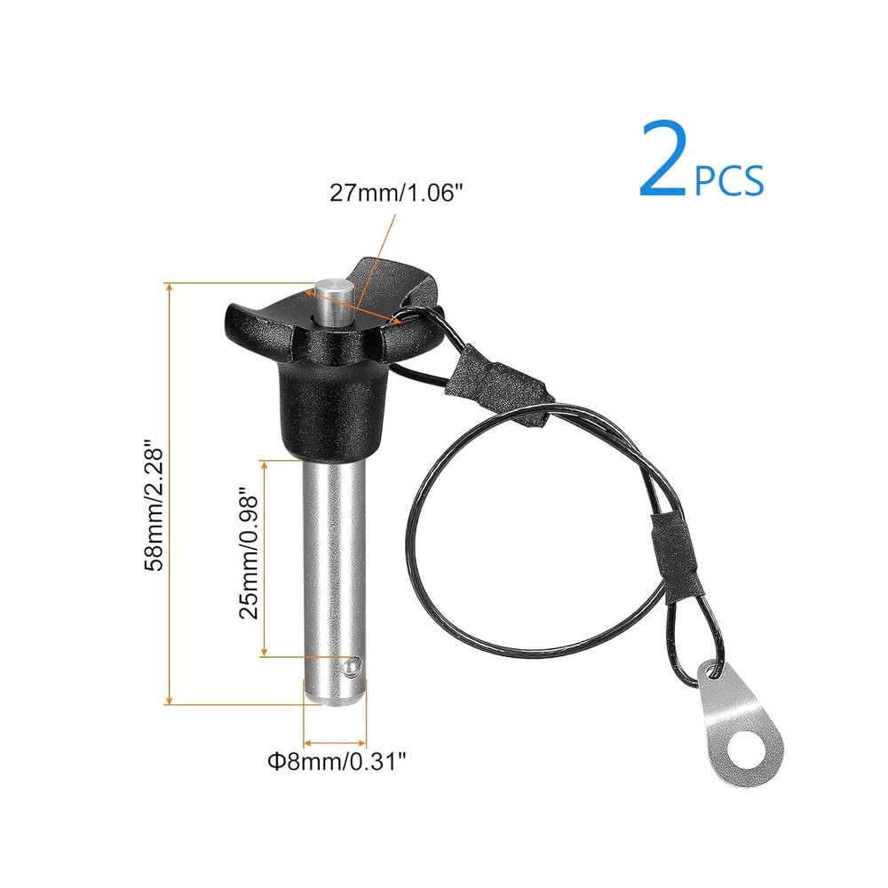 2 PCS 8mmx25mm Triangular Cap Ball Locking Pins with Push Button Lanyard