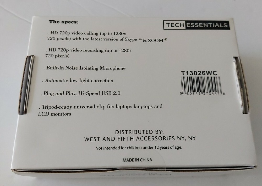 TECH ESSENTIALS HD 720P USB Computer Webcam w/ Microphone - Black - NEW