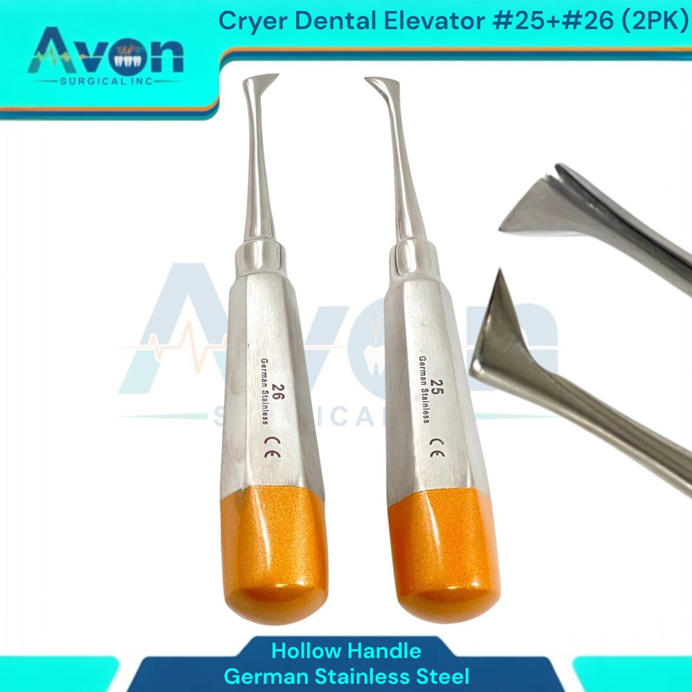 No. 25 & No. 26 Cryer Luxating Dental Tooth Elevator Pick, Hollow Handle, 2 Pack