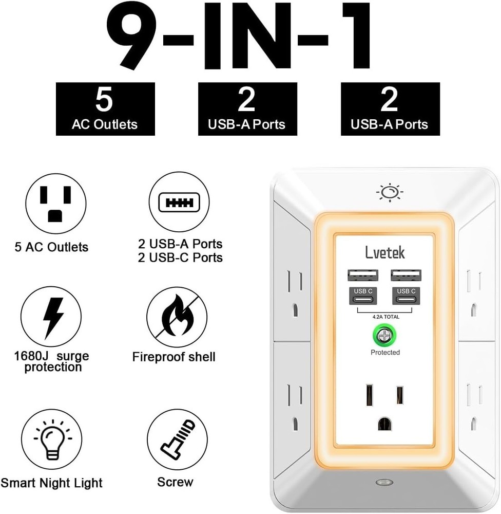 Multi Plug Outlet Extender with USB Wall Charger