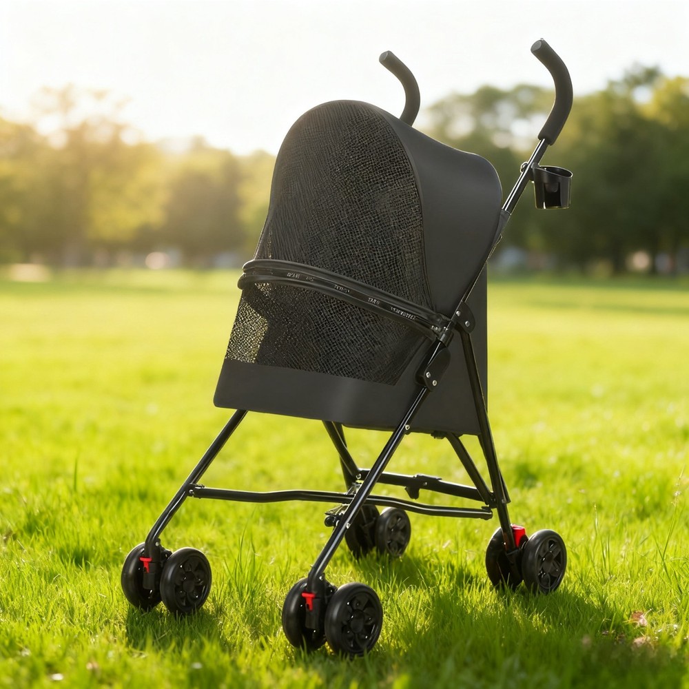 Pet Stroller Lightweight Foldable Mesh Ventilation Cup Holder Black