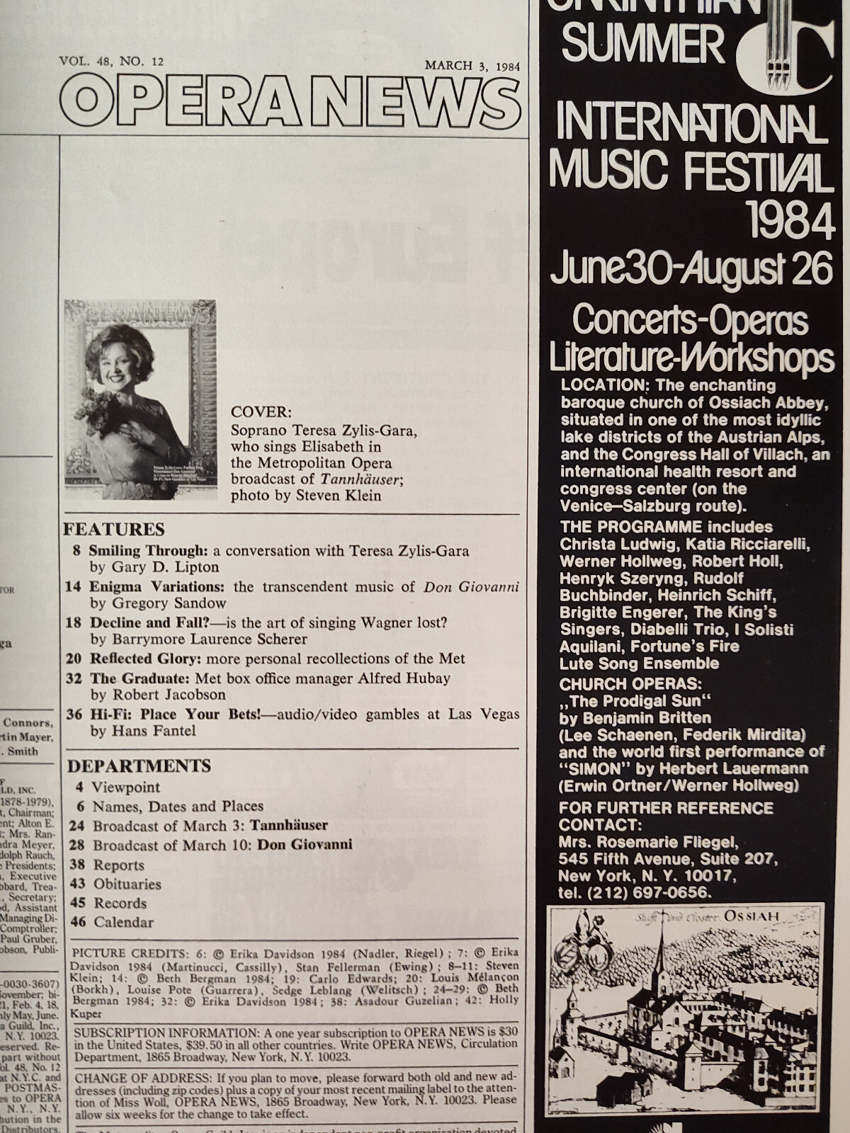 Rare METROPOLITAN OPERA NEWS Magazine March 3 1984 Teresa Zylis-Gara Tannhäuser