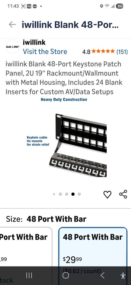 iwillink 48-Port Keystone Patch Panel 2U 19" Rackmount w/ 24 Blank Inserts
