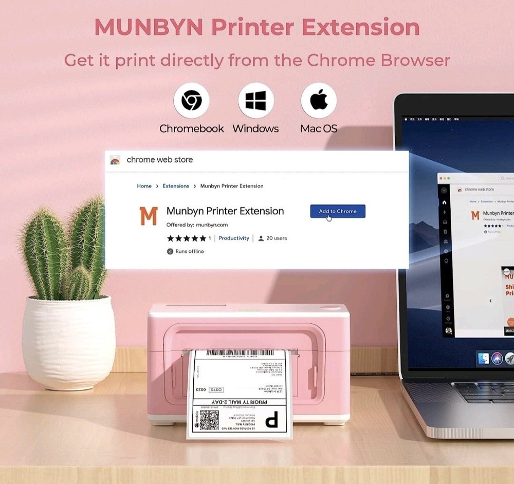 MUNBYN 4x6 Thermal Shipping Label Printer-Pink