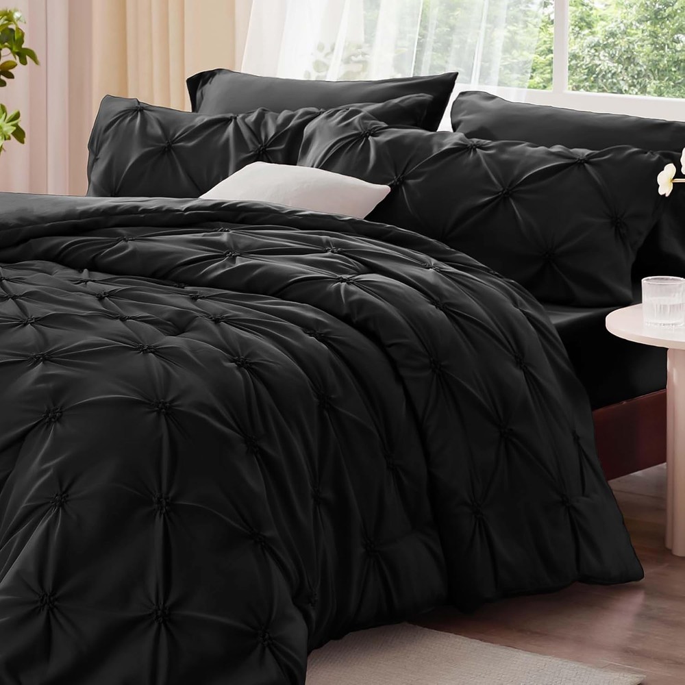Black King Size Comforter Set - 3 Piece Boho Flat Flannel Bedding Comforter Set