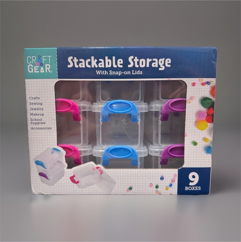 Craft Gear Stackable Storage 9 Plastic Boxes Snap-on Lids Clear Blue Pink Purple