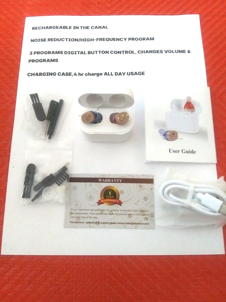 TWO Rechargeable mini CIC Hearing amplifiers noise reduction 3 programs USA