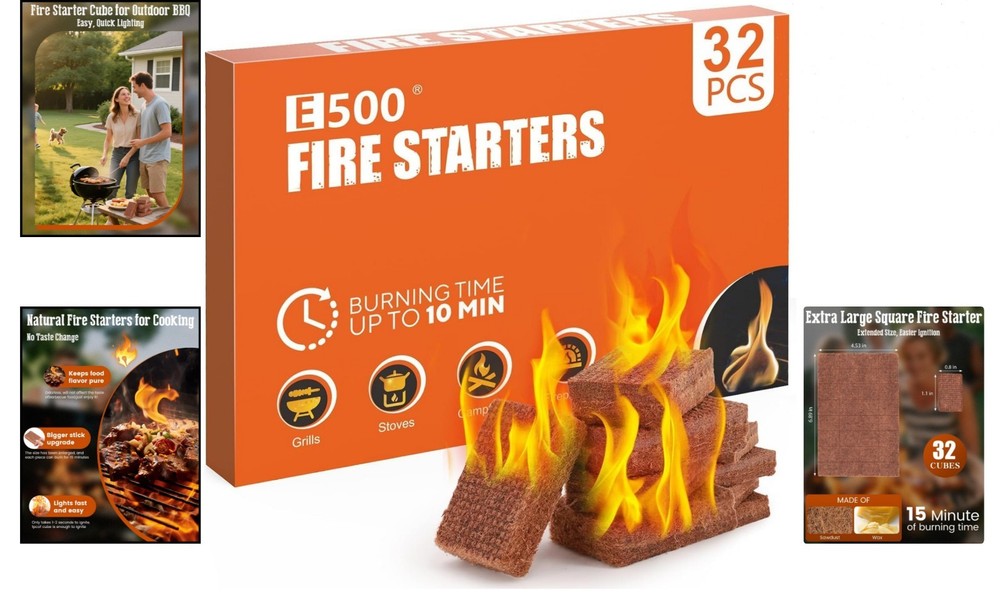 Natural Fire Starters - 32 Extra-Large Pine Cubes for Reliable Ignition