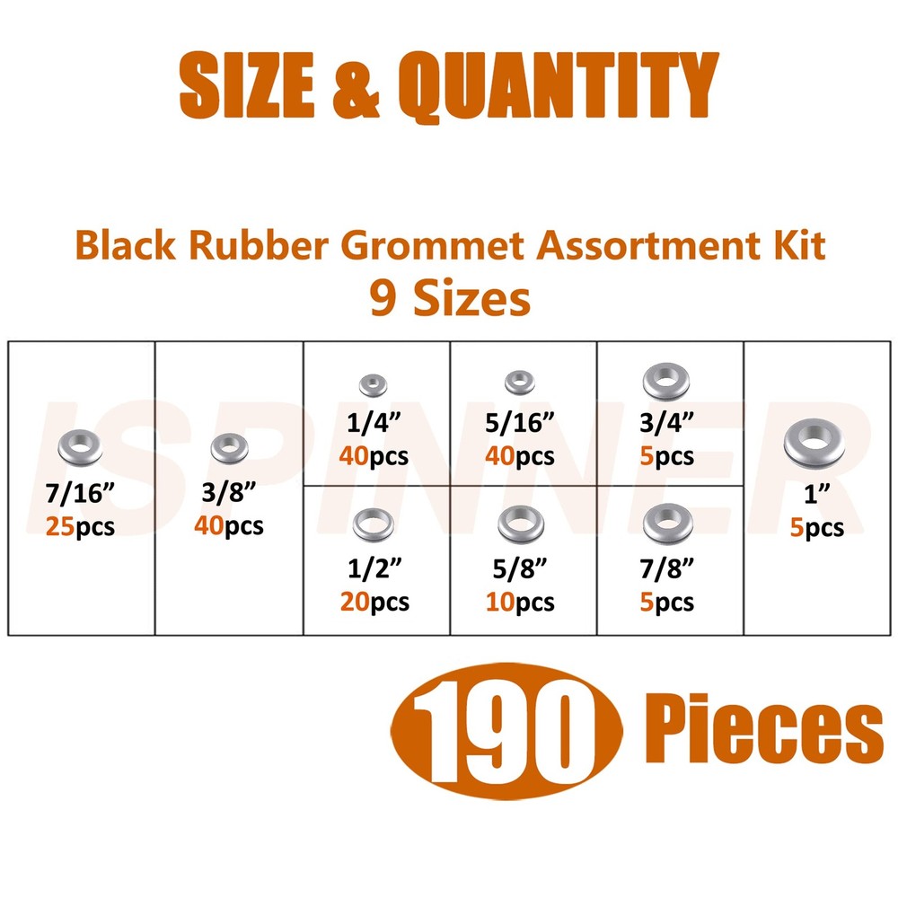 ISPINNER 190pcs Rubber Grommet Assortment Kit, 9 Sizes Eyelet Ring Grey