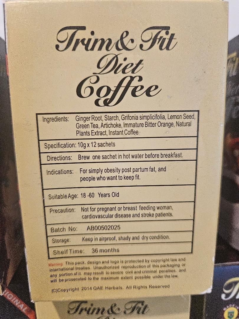Trim $ Fit Diet Coffee, Appetite Suppressant Coffee - Instant Blended 12 Sachets