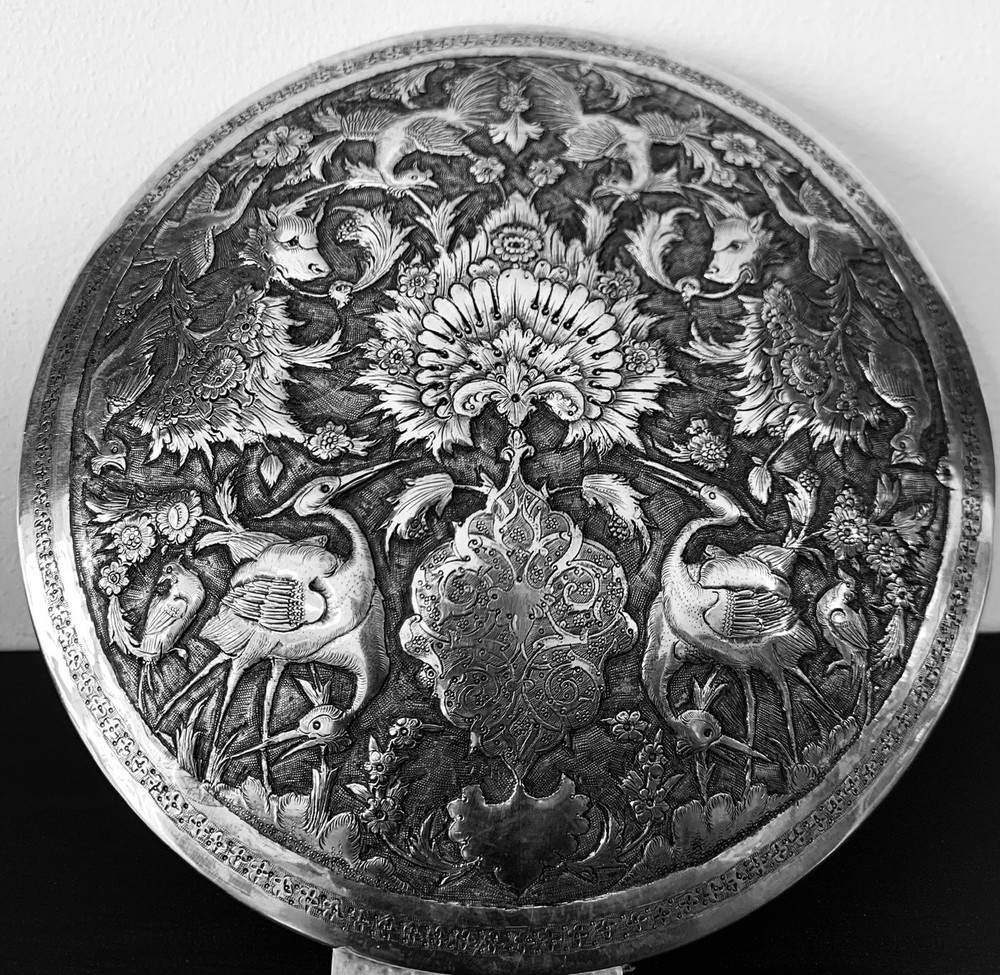 Antique hand engraved persian islamic arabic solid silver round box 520g