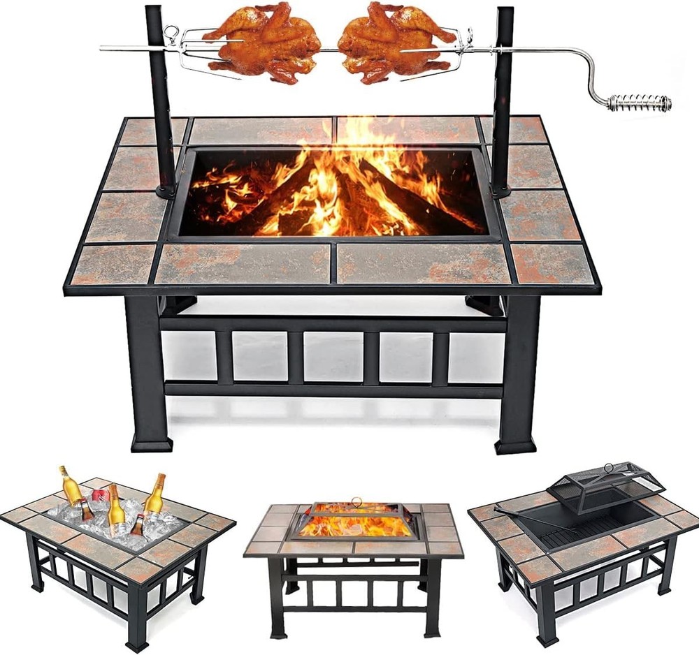 Multi-Purpose 37-Inch Square Fire Pit Table with Grill & Spark Screen Included