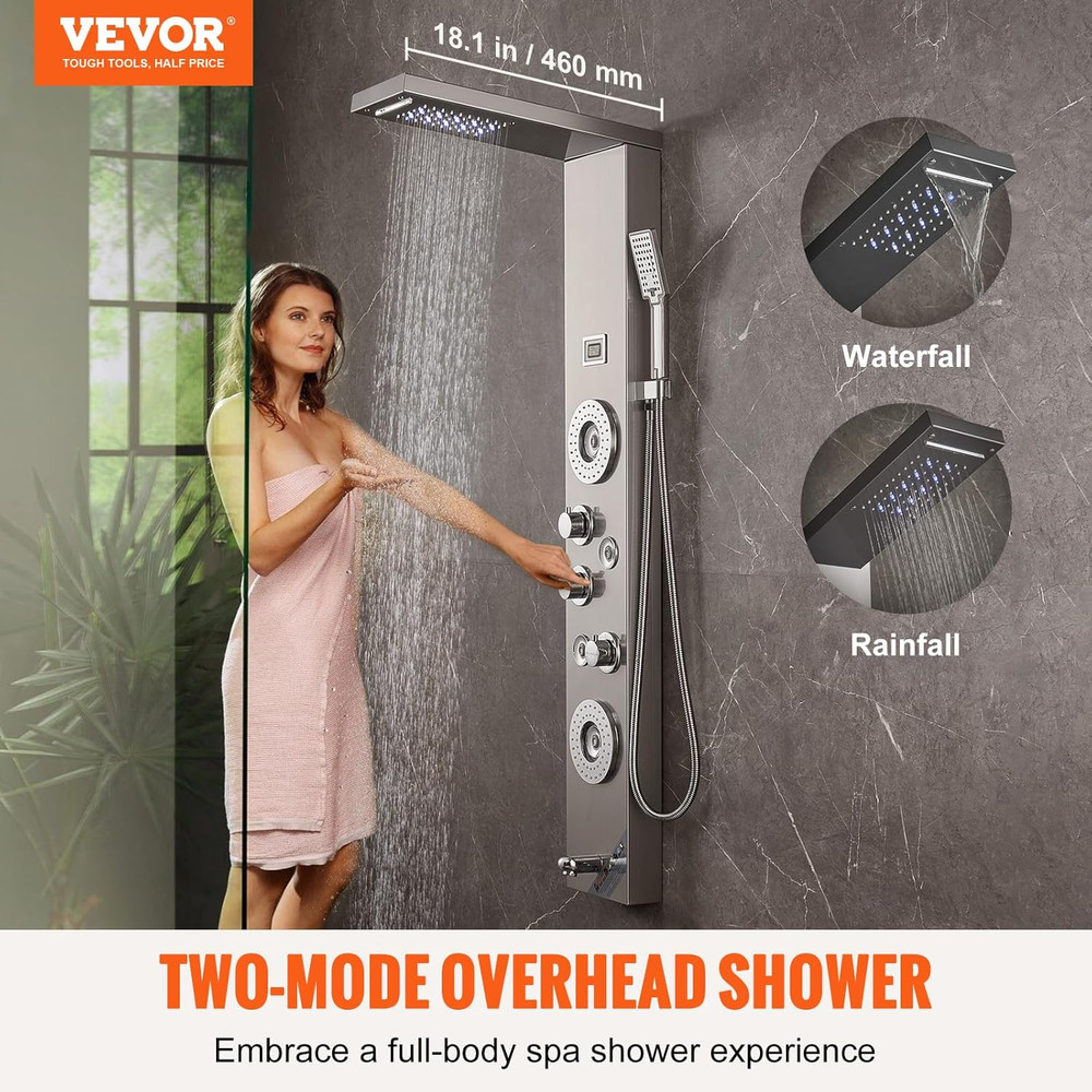 Shower Panel Tower System, 6 Shower Modes, LED & Display Shower Panel, Rainfall,
