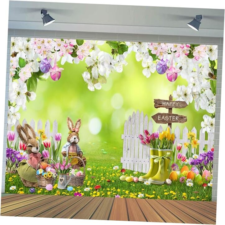 7x5FT Easter Photo Backdrop Spring Flowers Grass Backdrop Colored Egg 7x5ft