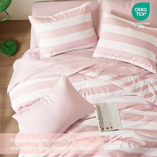 Reversible Striped Comforter Set, Soft Microfiber Bedding Set with King Blush