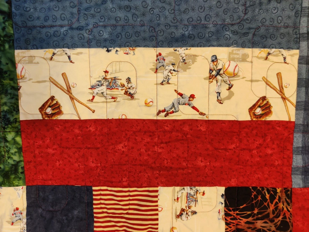 Patchwork Quilt Throw Blanket Handmade Machine Stitched/Baseball Theme 65x79