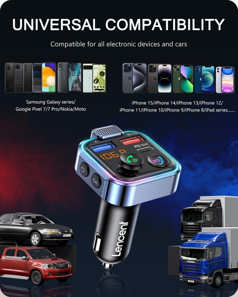 Multi-Function Bluetooth FM Transmitter with 3D Audio, USB Support & LED Design