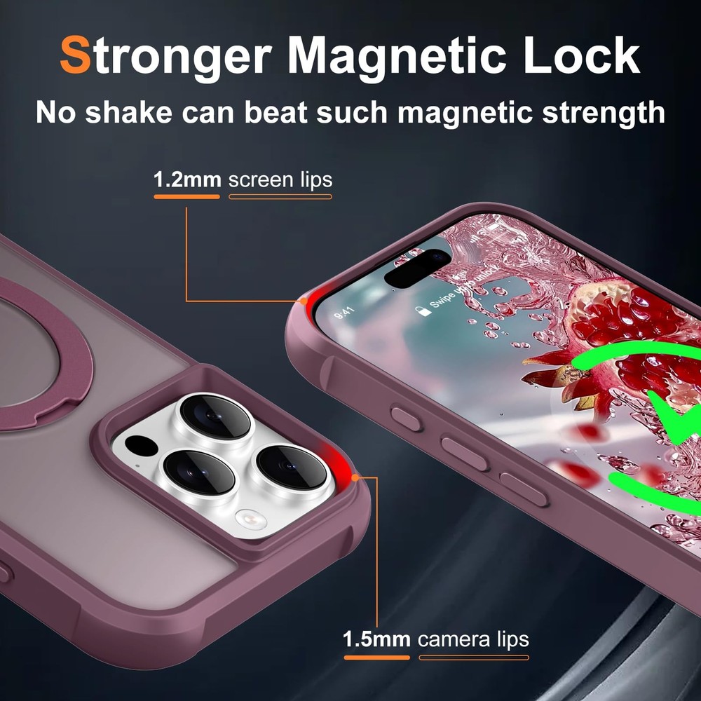 PIXIU 360° Spin Magnetic Stand iPhone 16 Pro Max Case Invisible Kickstand