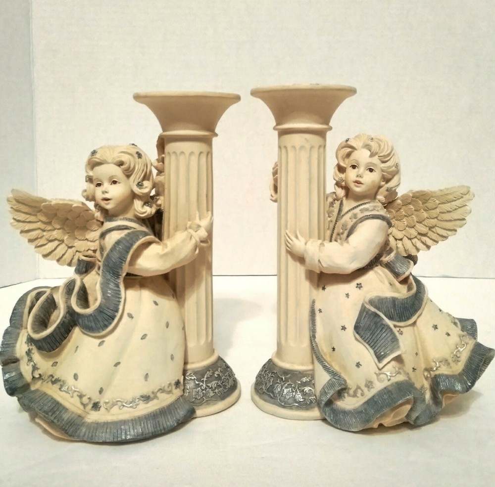 Sarah's Pair Angels Candle Holders White Blue  Mindspring