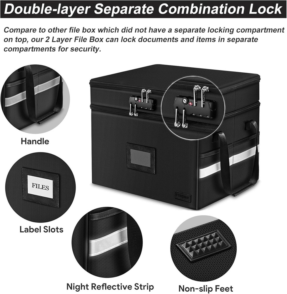 Fireproof Document Box with Lock, 2 Layer Fire Proof File Box for Documents with