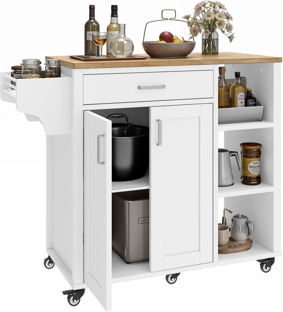 37" Rolling Kitchen Island Cart with Storage & Spice Rack, White
