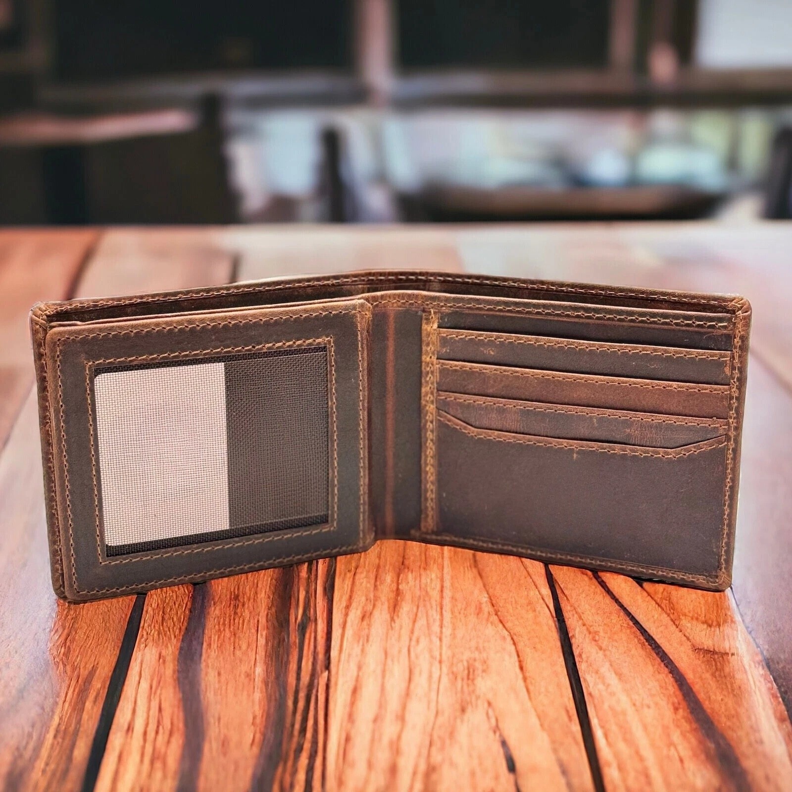 RFID Blocking Brown Vintage Leather Men's Bifold Center Flap Wallet