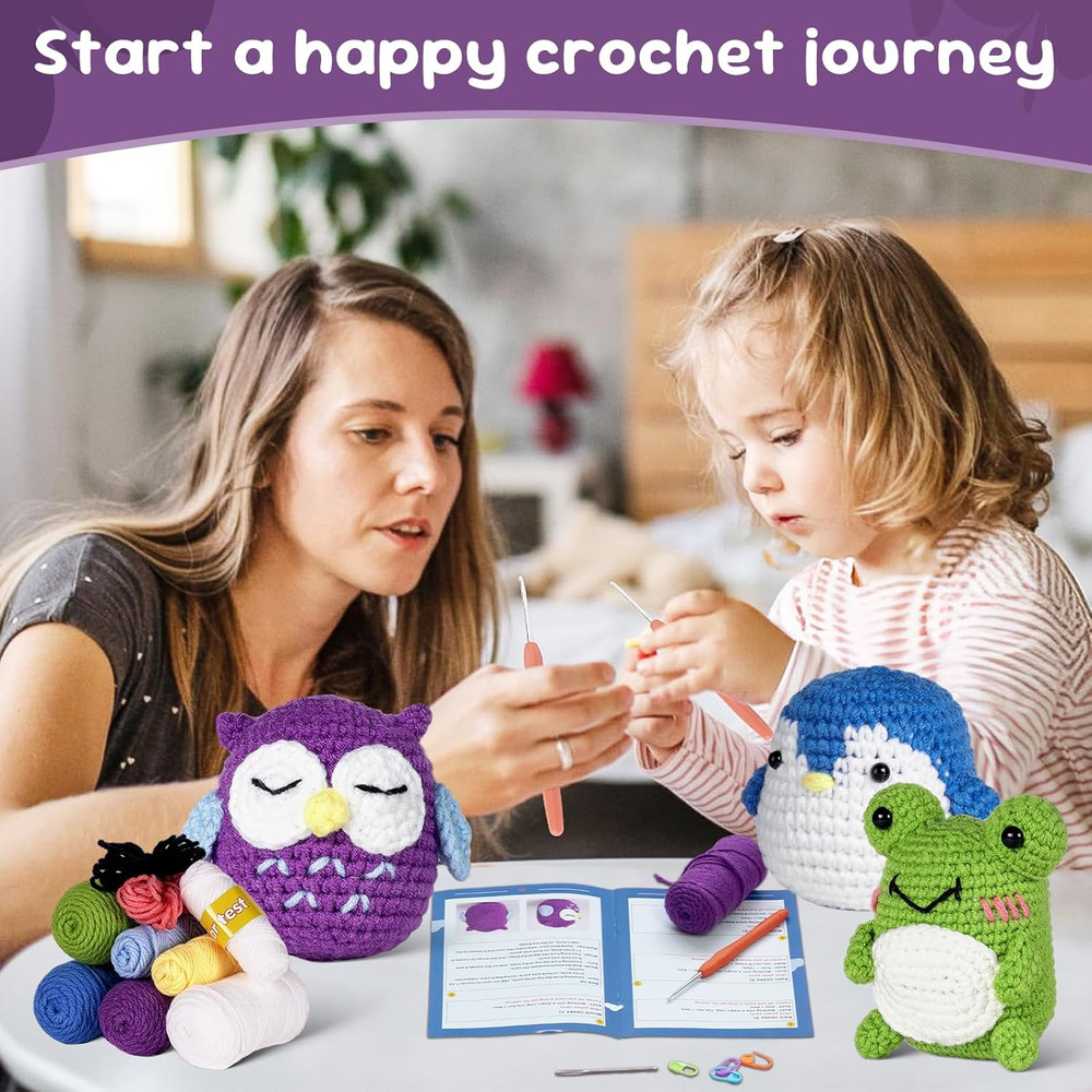 Crochet Kit for Beginners, Penguin, Owl, Frog-3 Pattern Animals, Knitting Kit fo