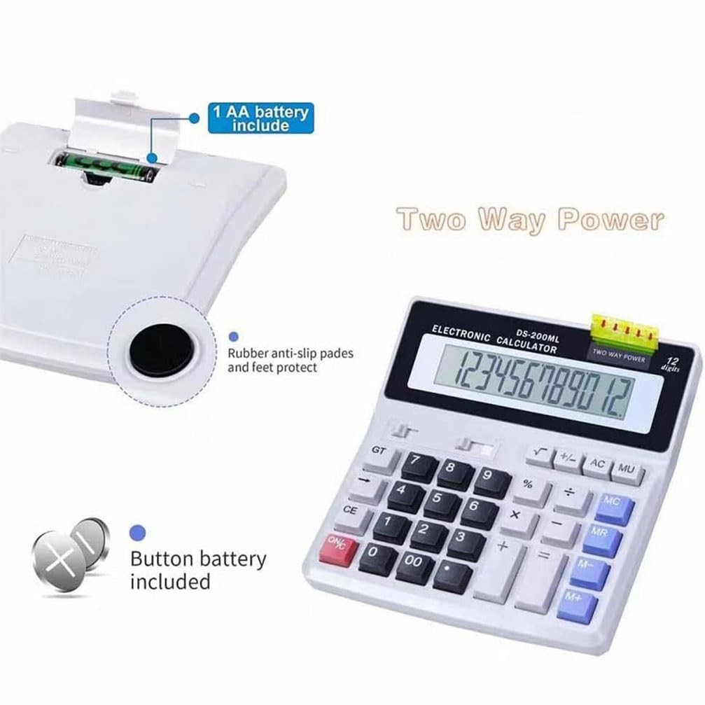 Desk Calculator Large 12 Digit Display, Dual Power Basic Calculator Desktop