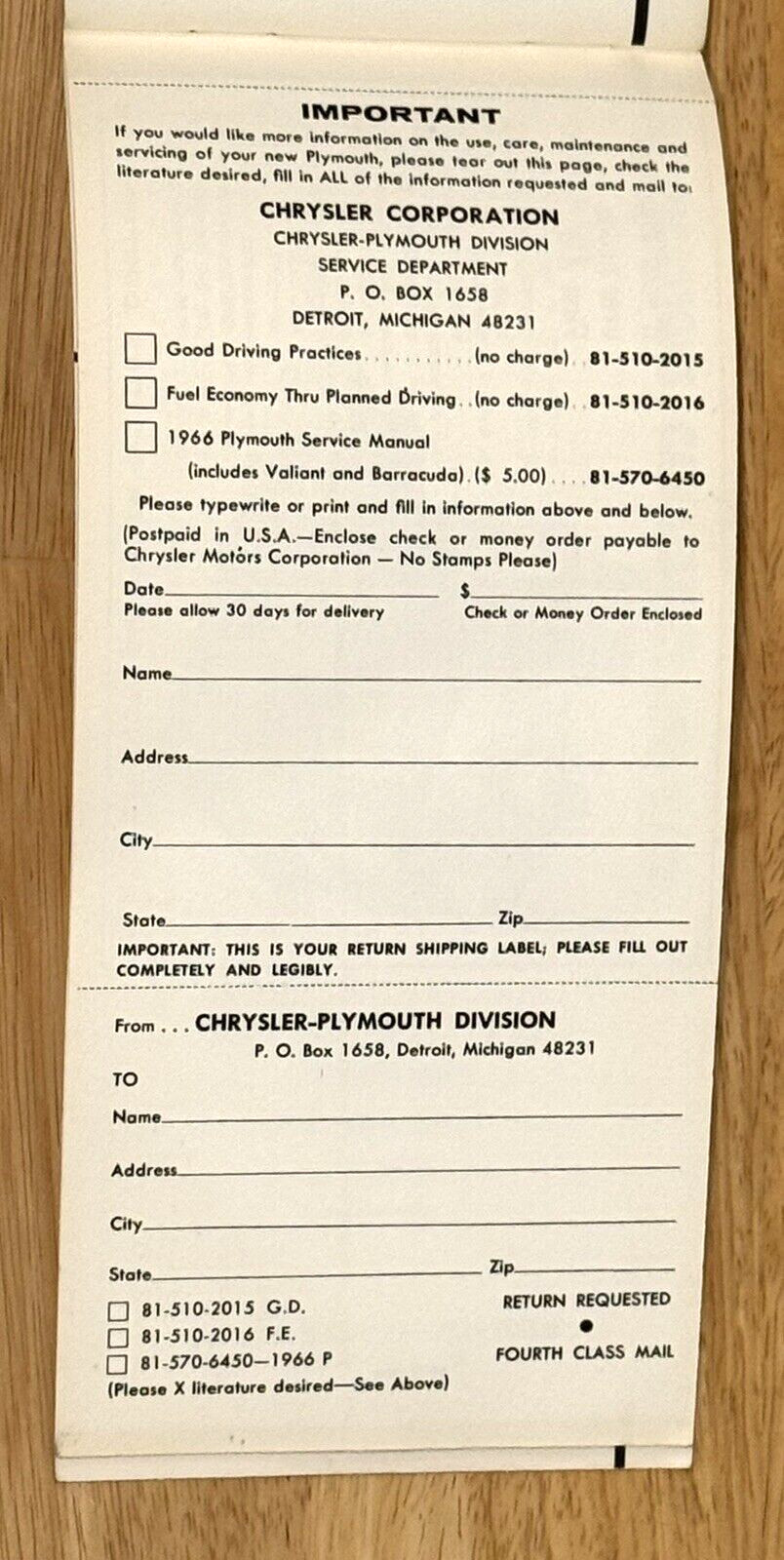 VINTAGE ORIGINAL 1966 PLYMOUTH BELVEDERE OPERATING INSTRUCTIONS OWNER MANUAL