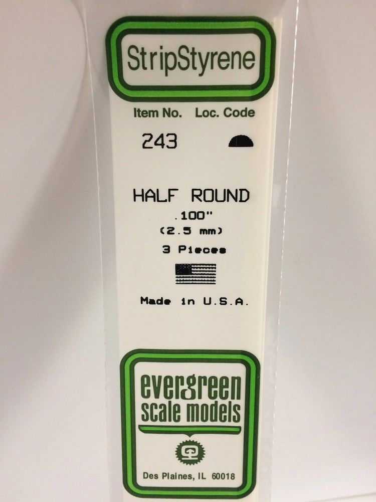 Evergreen Scale Models 243 Half Round Styrene Rod .100" (3 Pack)