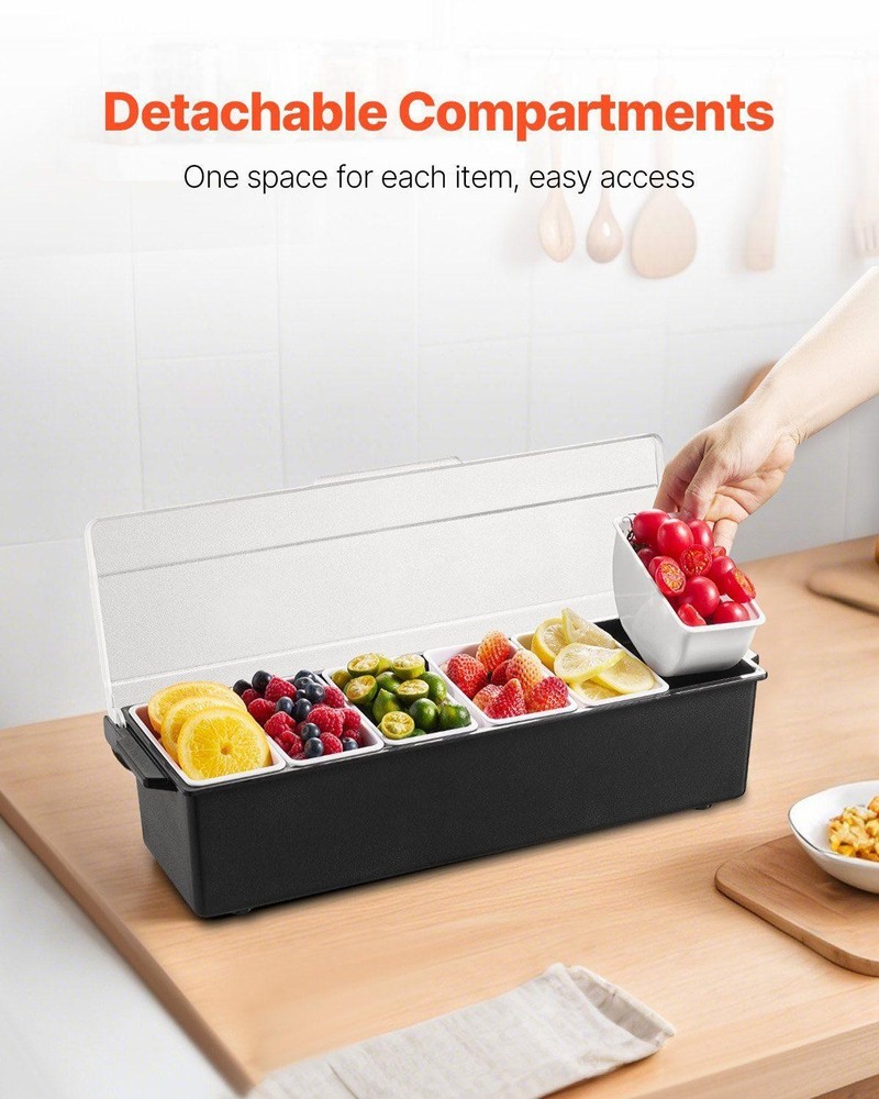 Chilled Condiment Server, 6 Compartment Ice Cooled Condiment Serving Container,