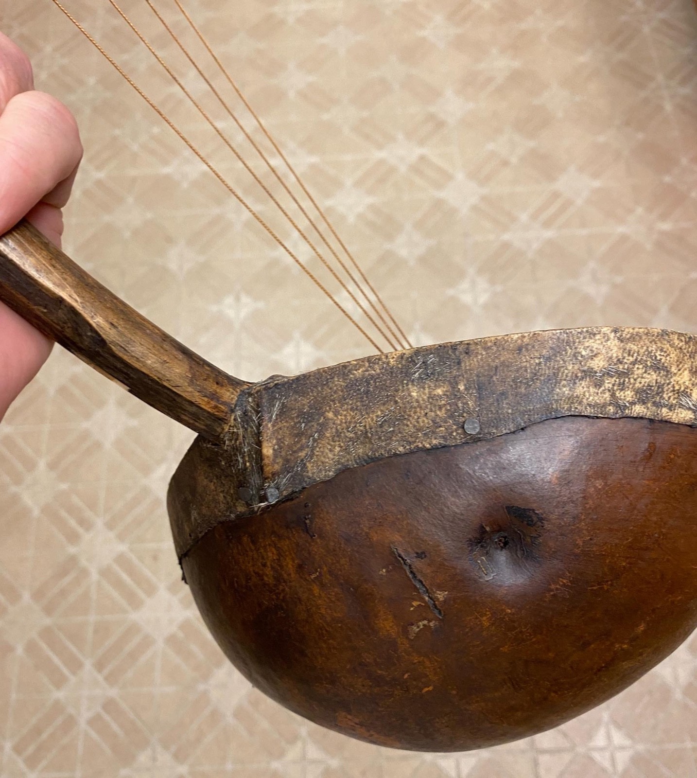 Antique African Adungu 4 String Hand Made Gourd Hide Wood Bow Harp Instrument