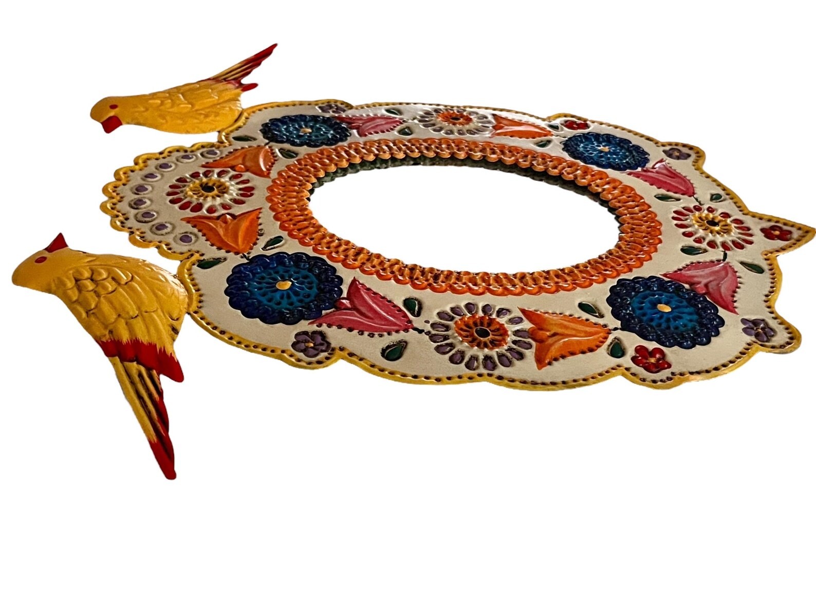Tin MIRROR with BIRDS, Hand Painted Frame, Mexican Punched Tin, Oval Mirror 13"