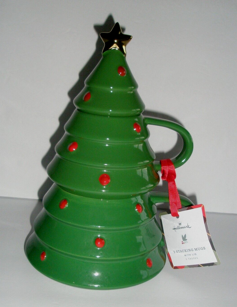 Hallmark Christmas Tree  2 Stacking Mugs & Lid New Other   CE