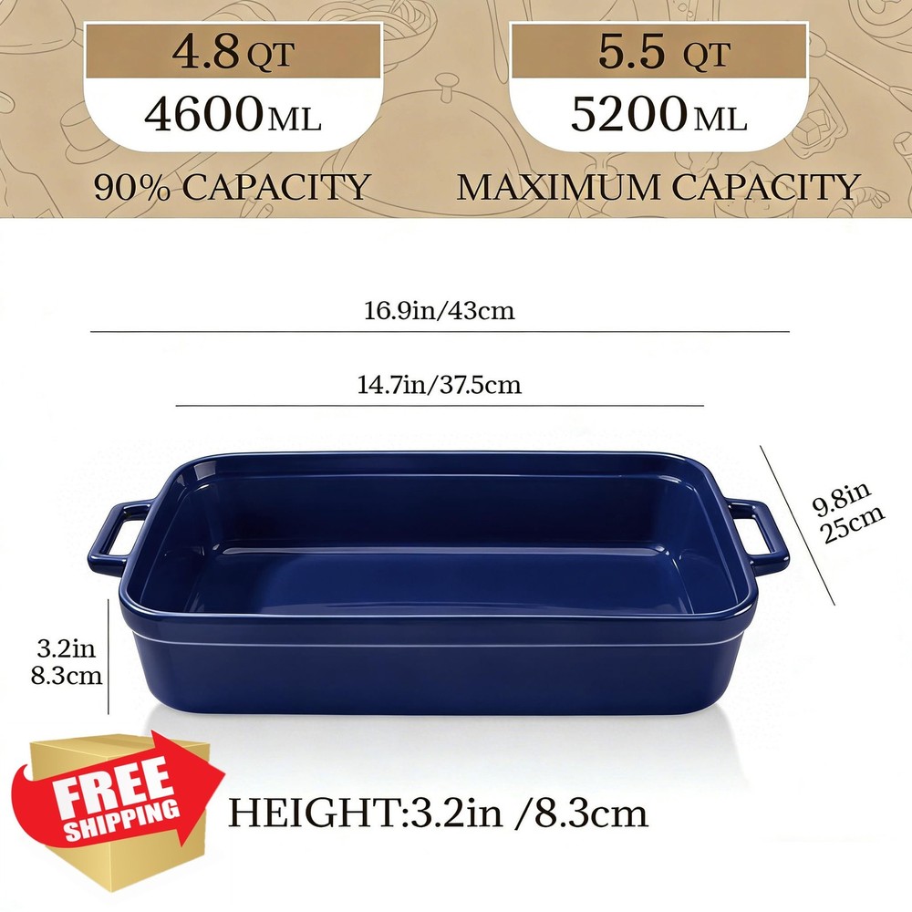 Large Blue Ceramic Casserole Dish Baking Lasagna Pan Oven