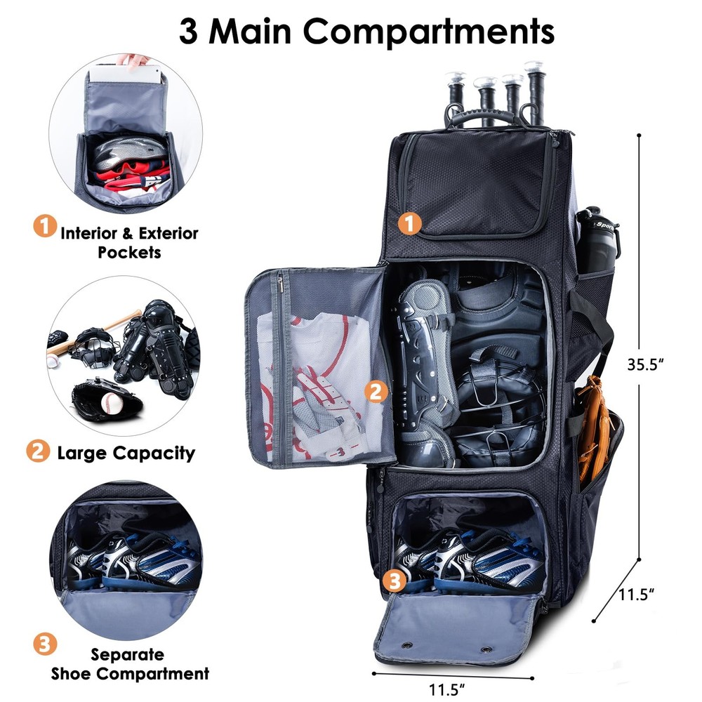 Upgraded Rolling Baseball Bag with Sturdy Hard Backing - Large Softball Bag with