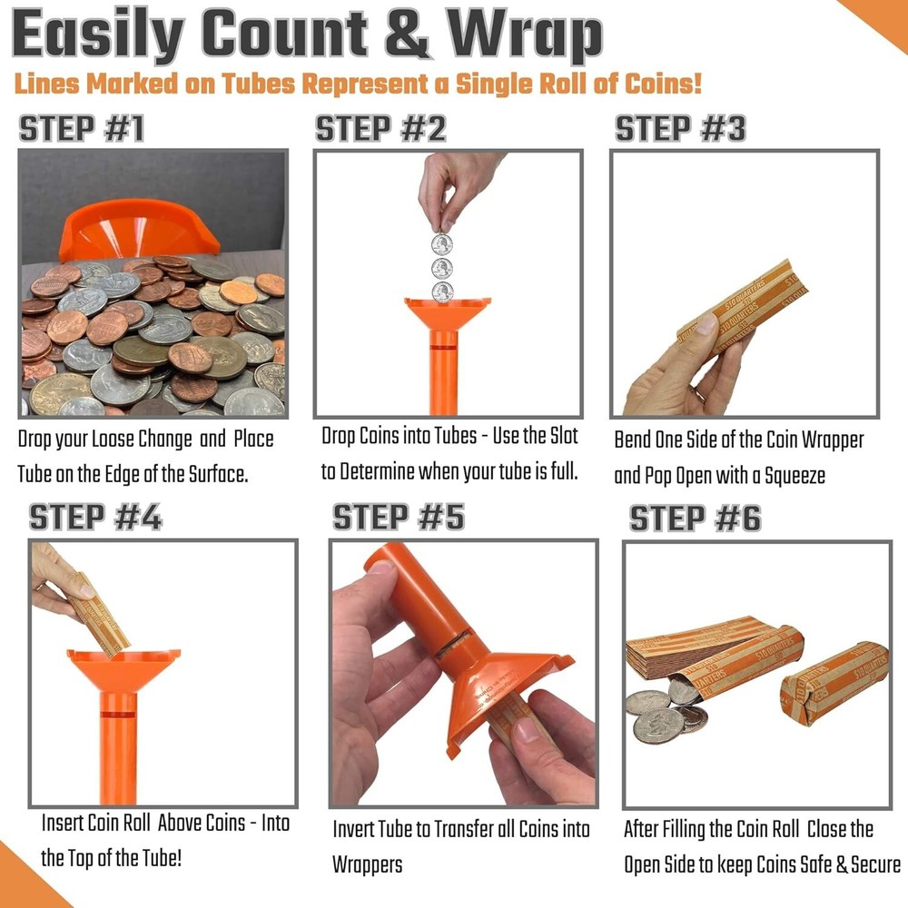 Effortless Coin Sorting Set: 5 Tubes & 110 Color-Coded Coin Wrapper Rolls